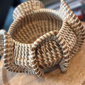 sweetgrass Woven Decorative Storage Basket in Natural Brown and Cream signed